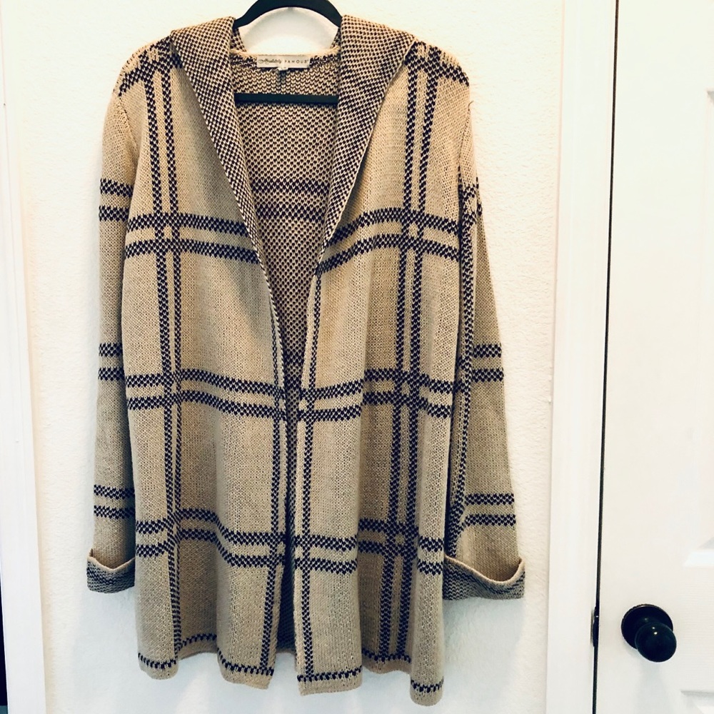 Tan & Black Hoodie Cardigan. Elegant stripe design